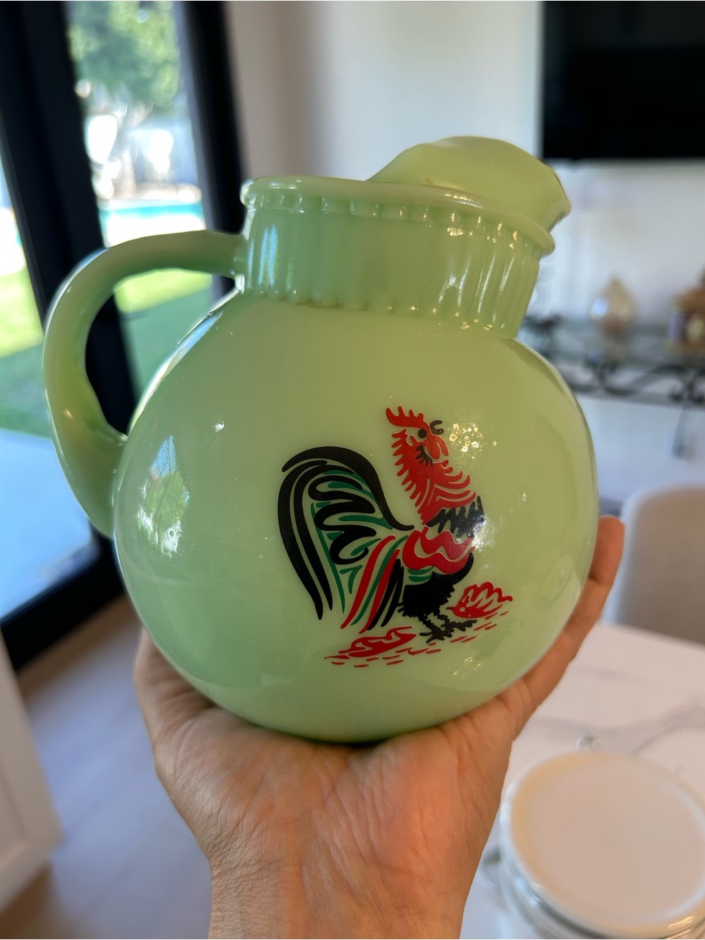 Gibson Jadeite Ribbed Ball Tilt Pitcher W/ Painted Rooster 40 Oz